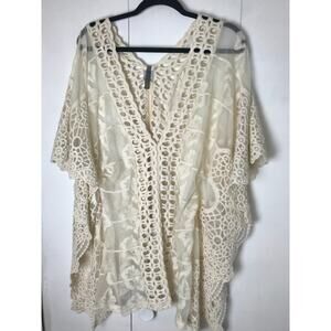 XCVI Bohemian Lace Loop Crochet V Neck M Bone White Cover UP Floral Tunic